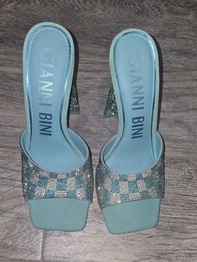 Gianni Bini Turquoise Crystal-Embellished Slide Mules